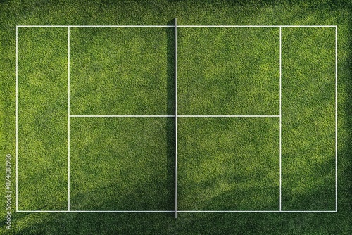 An overhead shot of a grass tennis court with a white line pattern, forming the baseline for a sports game background