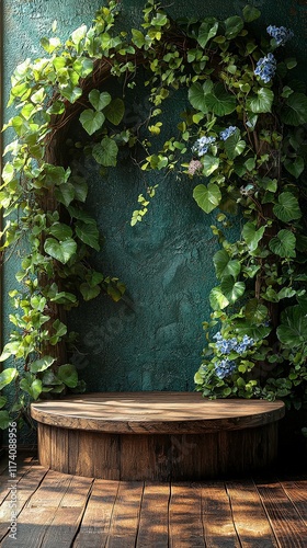 Wooden Display Platform with Lush Green Vine Arch