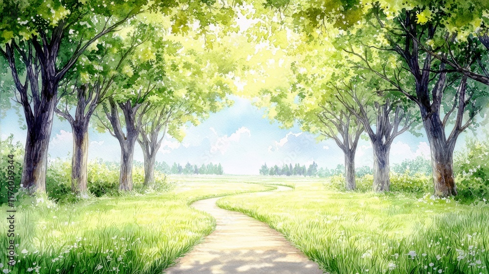 Obraz premium Tranquil Pathway through Lush Green Trees under Bright Sky in Serene Nature Landscape for Relaxation and Rejuvenation