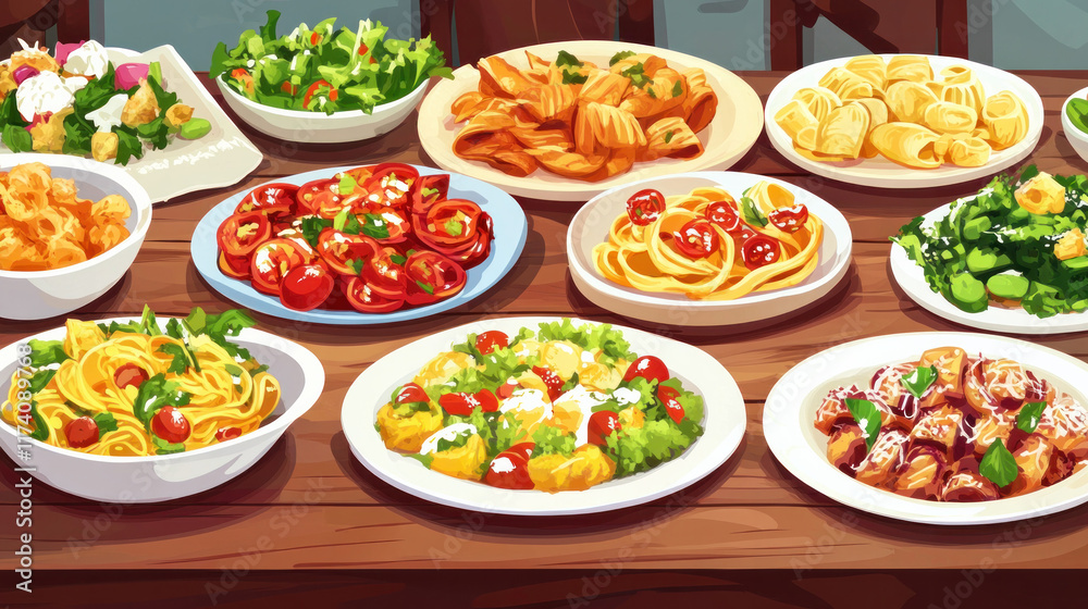 custom made wallpaper toronto digitalFood and plates are piled high on the table. a selection of spaghetti, salads, and snacks. background in food.