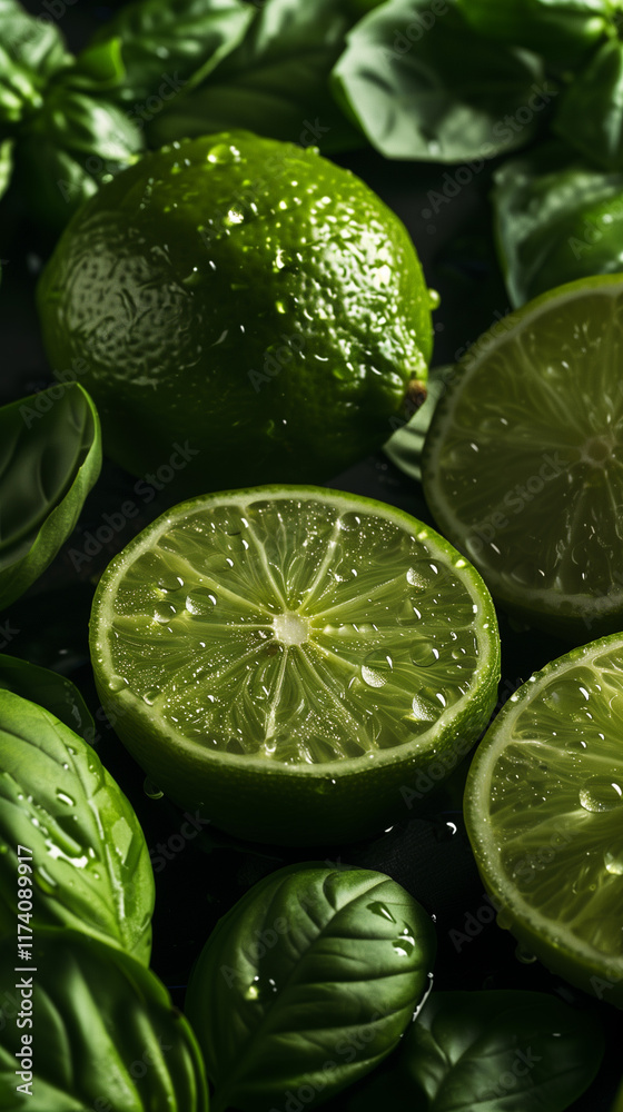 Fresh limes and basil leaves with water droplets Fresh limes and basil leaves with water droplets