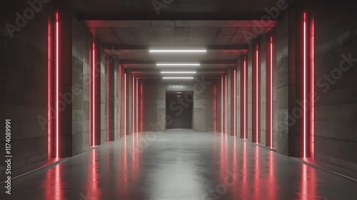 Red Neon Lights Illuminate Concrete Corridor Walls photo