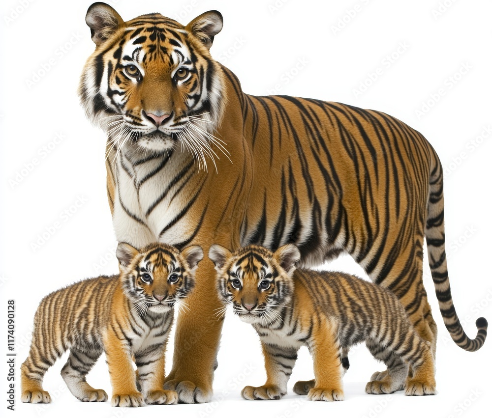 Fototapeta premium A tiger and her cubs standing in front against a white background