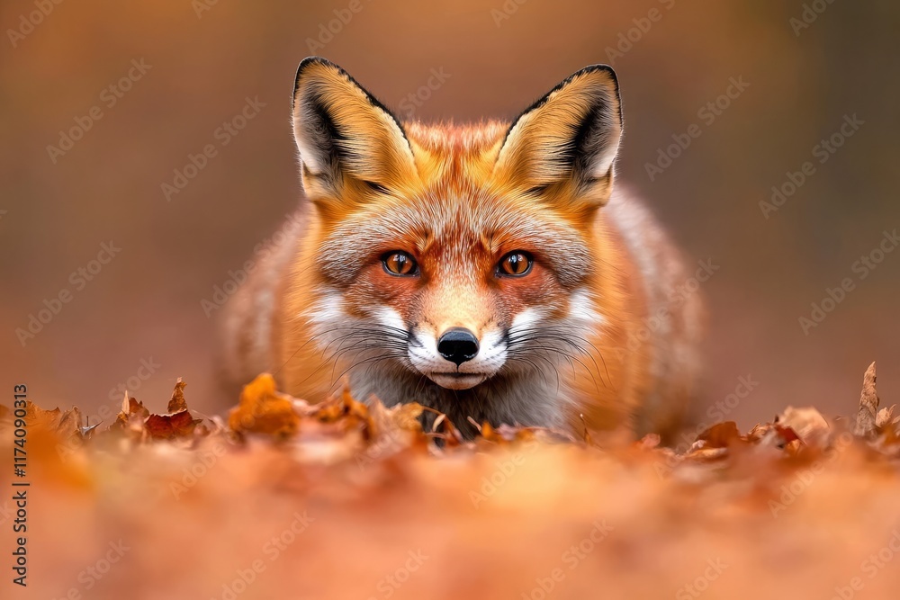 Fototapeta premium Close-up view of a red fox (vulpes vulpes) with orange fur standing in an autumn woodland, gazing at the camera. A wild predator in its fall habitat