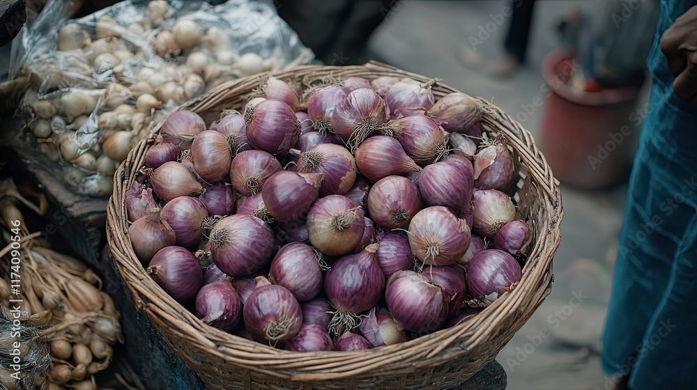 Red onions in wicker basket at market. Busy background. Food photography. Red onions in wicker basket at market. Busy background. Food photography.