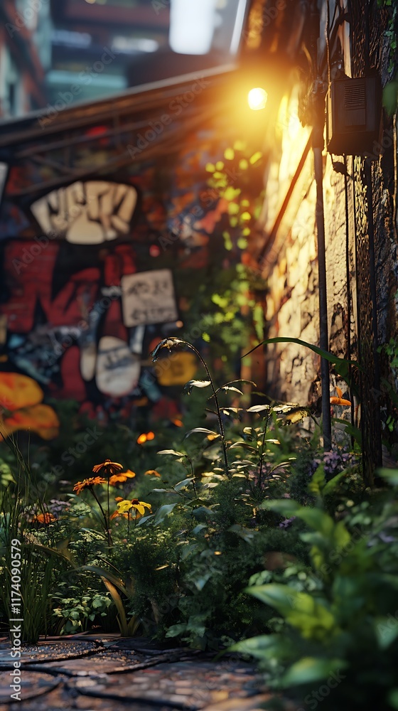Naklejka premium A vibrant urban alleyway adorned with graffiti and lush greenery.
