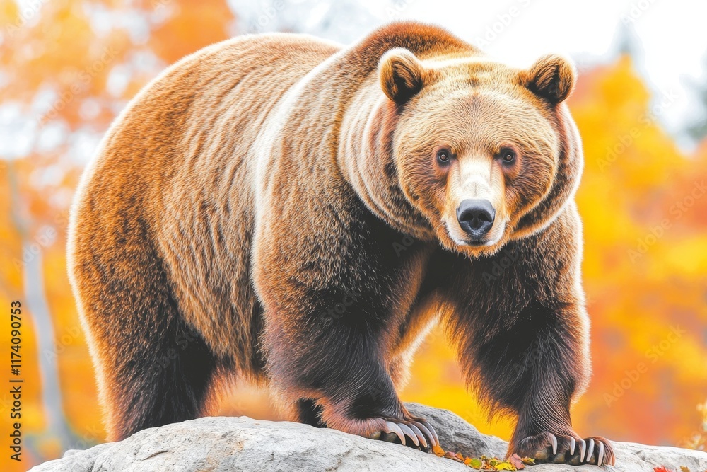 Obraz premium Brown bear - a close-up with a wild brown bear dining in the forest and mountains of the Notranjska region in Slovenia