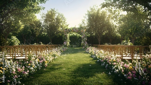 A picturesque meadow serves as a romantic and enchanting backdrop for a wedding, with lush greenery, colorful wildflowers, and a serene atmosphere creating the perfect setting photo