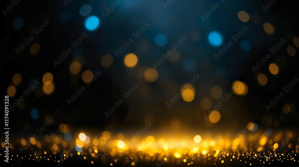 Obraz premium abstract background featuring glittering lights in vibrant blue and gold shades, scattered against a dark black gradient.