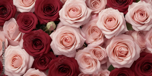 Bouquet of roses, Garden of red and pink roses, top view. Vibrant Multicolored Roses Floral Background