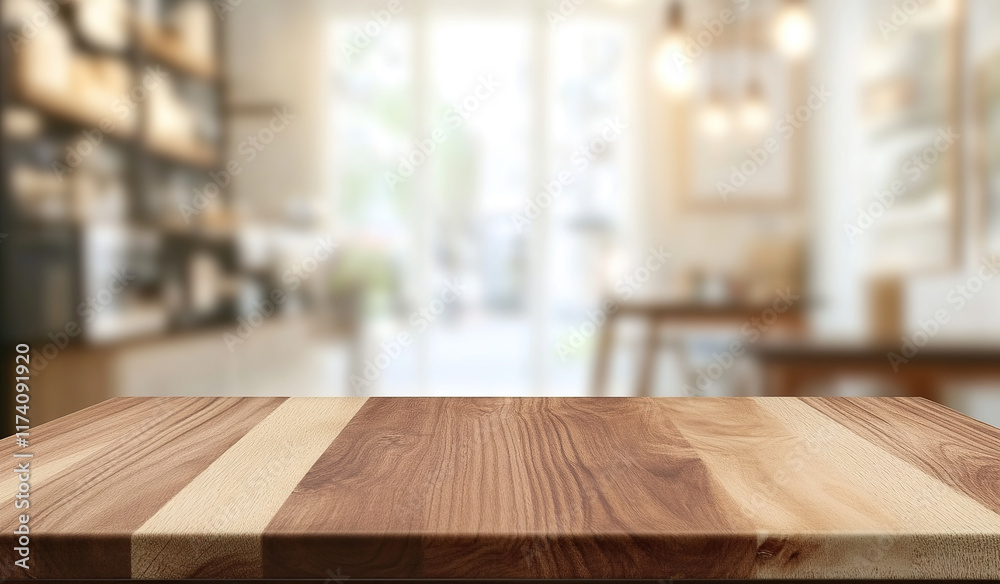 Wooden table surface in a cozy cafe with soft lighting and blurred backgrounds featuring chairs and decor, creating a welcoming atmosphere for visitors to enjoy their time Wooden table surface in a cozy cafe with soft lighting and blurred backgrounds featuring chairs and decor, creating a welcoming atmosphere for visitors to enjoy their time