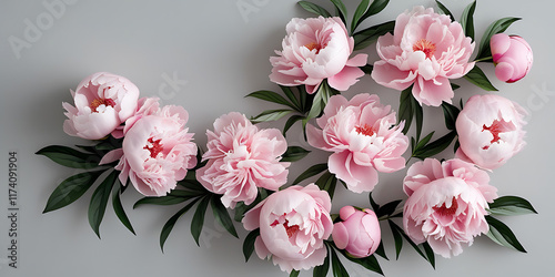 peonies in pastel hues on a grey background, top view,  wedding and greeting illustration, spring romantic illustration
