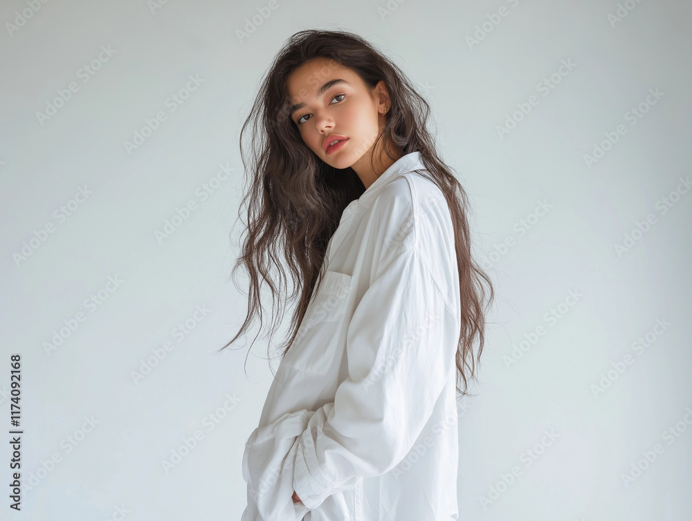 Maqueta de modelo mujer usando camisa oversize blanca. Maqueta en blanco de de camisa manga larga en fondo minimalista. Maqueta de modelo mujer usando camisa oversize blanca. Maqueta en blanco de de camisa manga larga en fondo minimalista.