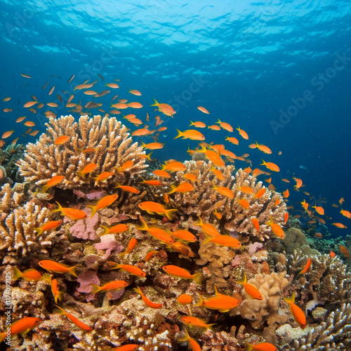 Colorful tropical coral reef with vibrant fish in the clear blue waters of the  Sea photo