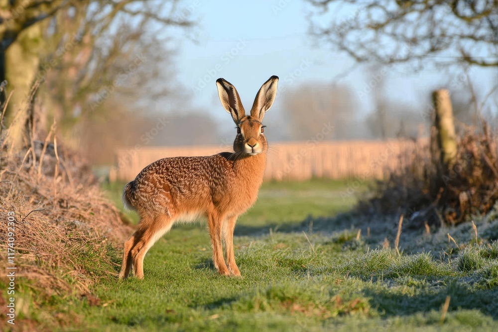 An example of a European wild animal in its natural setting The brown hare, lepus europaeus, explores green grassland An example of a European wild animal in its natural setting The brown hare, lepus europaeus, explores green grassland