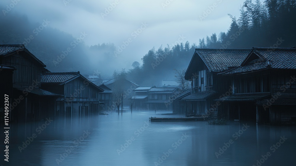 Obraz premium Evacuating a Quiet Village Amid Extreme Weather