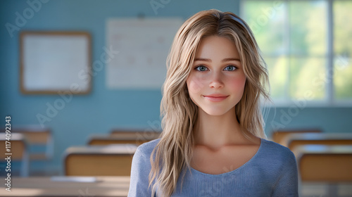 Smiling caucasian young woman in classroom setting with blonde hair Free Download Smiling caucasian young woman in classroom setting with blonde hair - GFXLoad