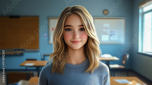 Blonde young caucasian female in classroom setting with blue walls and natural lighting Free Download Blonde young caucasian female in classroom setting with blue walls and natural lighting - GFXLoad