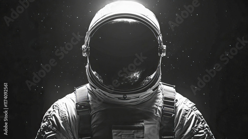 Mystical space scene with astronaut in black and white