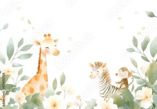 Watercolor artwork showcasing African animals and plants. Features giraffes, monkeys, zebras, palm trees, and flowers. Illustrates safari animals. Tropical jungle design for nursery wallpaper
