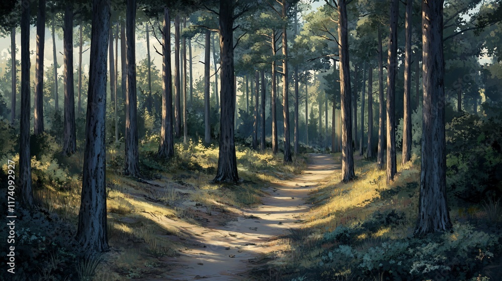 Obraz premium Sunlit path winding through a dense pine forest.