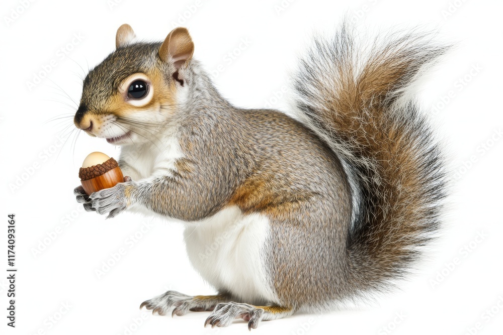 With a hazel nut clutched in its front paws, a red Japanese lis squirrel is sitting sideways and eating. Its tail is raised. The squirrel is set against a white background With a hazel nut clutched in its front paws, a red Japanese lis squirrel is sitting sideways and eating. Its tail is raised. The squirrel is set against a white background