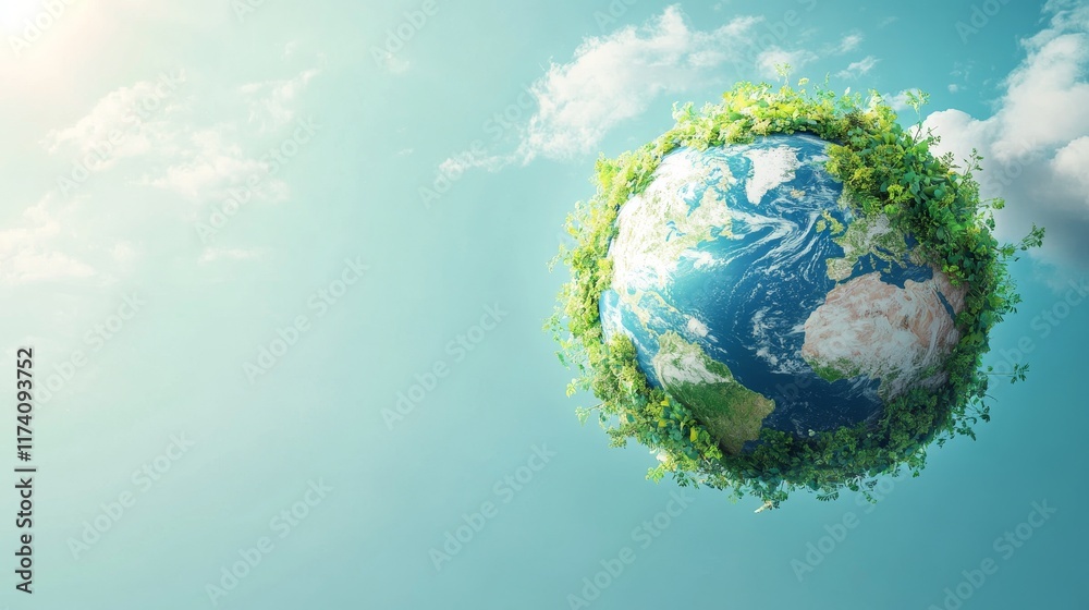 Fototapeta premium Green Earth with Blue Skies 3D Rendering of Environmental Sustainability and Conservation