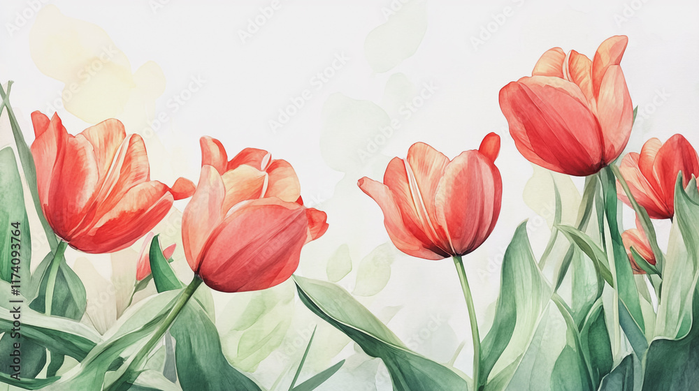 Fototapeta premium tulip, graphic design, rose, holiday, postcard, Elegant wedding invitation card background vector. Minimal hand painted watercolor botanical flowers texture template background. Design for wedding, vi