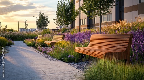 Modern park benches along a paved pathway amidst colorful flowers and grasses at sunset.