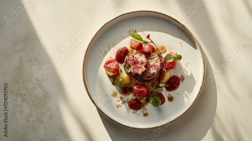 White table with unique culinary creation on stylish plate