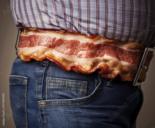 An overweight man in casual clothing wearing a belt made entirely of cooked bacon, threaded through the belt loops of his jeans. A concept of unhealthy eating habits