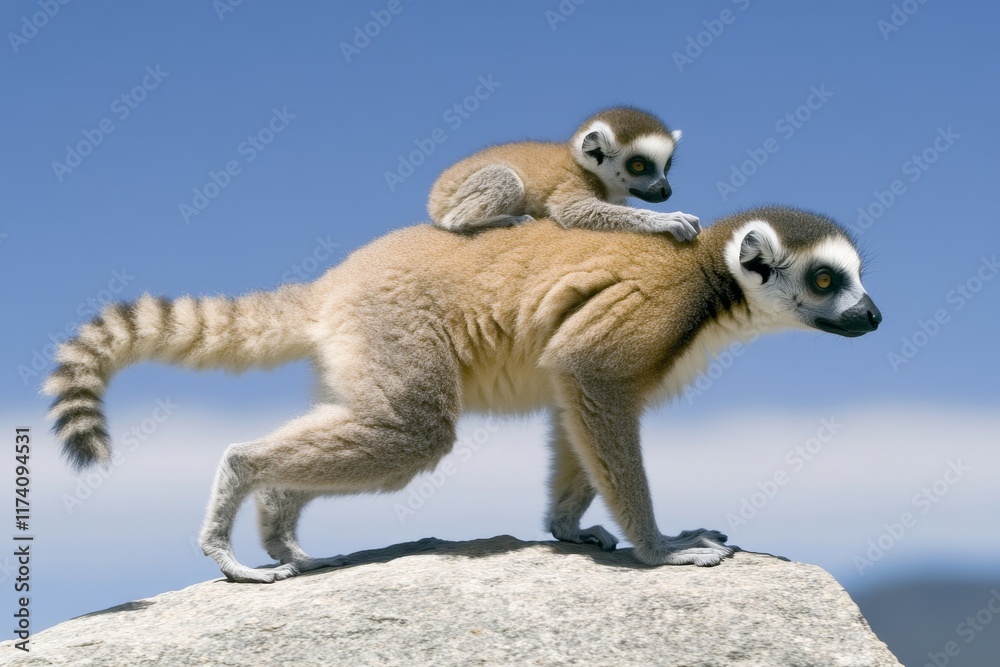 Obraz premium Situated in Andringitra National Park, Madagascar, a mother ring-tailed lemur (Lemur catta) rests on a stone with her baby, representing an endangered and endemic wildlife animal