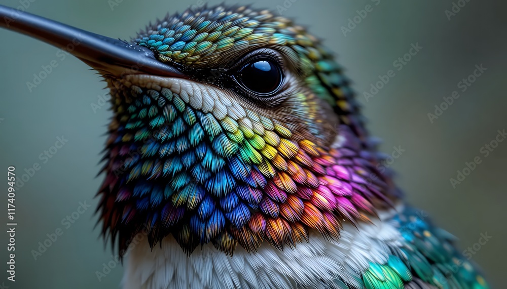 Obraz premium 4K Macro Shot of a Vibrant Hummingbird, showcasing iridescent rainbow feathers and intricate details, a close-up view of nature's beauty in high definition.