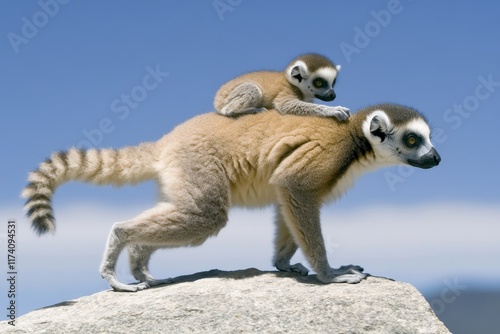 Situated in Andringitra National Park, Madagascar, a mother ring-tailed lemur (Lemur catta) rests on a stone with her baby, representing an endangered and endemic wildlife animal