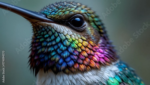 4K Macro Shot of a Vibrant Hummingbird, showcasing iridescent rainbow feathers and intricate details, a close-up view of nature's beauty in high definition.