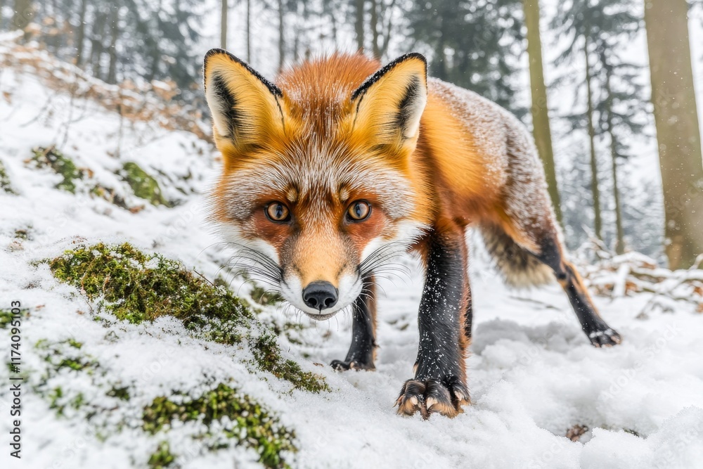 Fototapeta premium A cute red fox perches on an autumn field covered in wildflowers. This is a beautiful vulpes vulpes in its natural habitat. A captivating wildlife scene from nature, suitable for a wallpaper with a