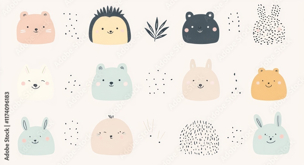 Obraz premium A delightful modern cartoon illustration of woodland animals, suitable for a baby shower. The set comprises a bear, tiger, lion, zebra, giraffe, elephant, monkey, fox, rabbit, and raccoon