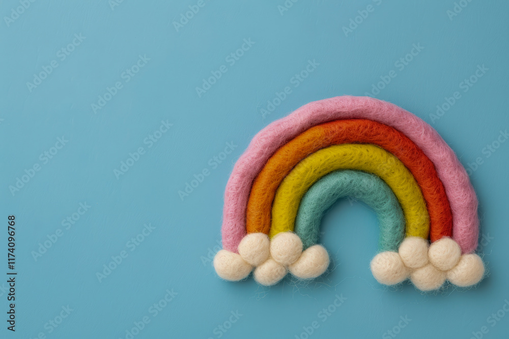 Colorful felt rainbow with clouds on blue background