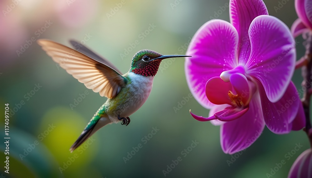 Naklejka premium Hummingbird in Flight: 4K Macro Shot of a Vibrant Ruby-throated Hummingbird Hovering Near a Pink Orchid, showcasing intricate details and vivid colors in a stunning nature scene.