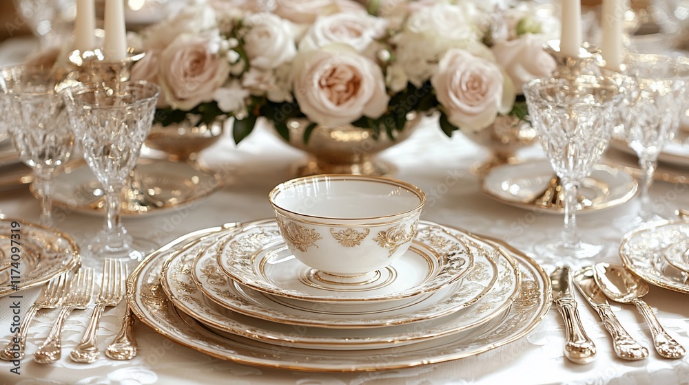 Elegant table setting with gold-rimmed china, crystal glassware, and a floral centerpiece. Elegant table setting with gold-rimmed china, crystal glassware, and a floral centerpiece.