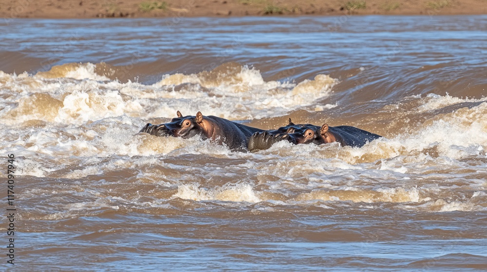 Fototapeta premium Swimming in a calm lake, three hippos smile broadly and pose for the camera. The peaceful setting is enhanced by the water's reflection of the hippos' elegance