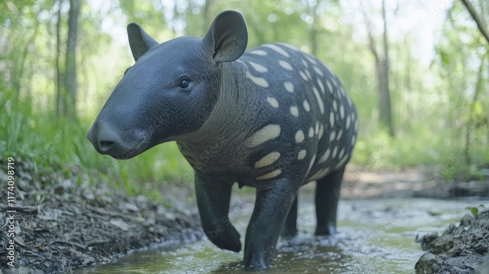Fototapeta premium Exploring the dense tropical rainforest, a Malayan tapir approaches a water body