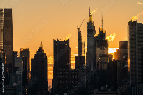 Manhattan skyscrapers skyline, stunning morning light, city scape water reflection, travel destination background image, selective focus isolated subject