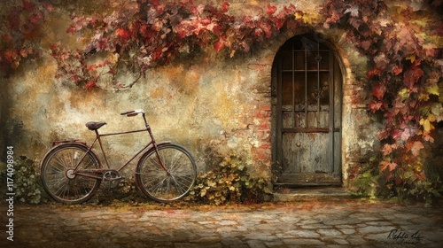 Rustic autumn scene with old bicycle leaning against aged stone wall and weathered door draped with red ivy. photo