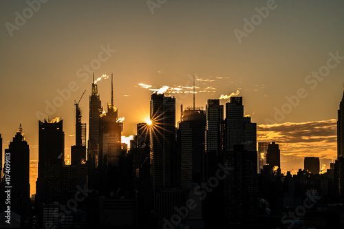 Manhattan skyscrapers skyline, stunning morning light, city scape water reflection, travel destination background image, selective focus isolated subject