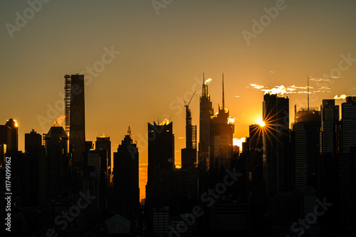 Manhattan skyscrapers skyline, stunning morning light, city scape water reflection, travel destination background image, selective focus isolated subject photo