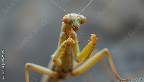 Intriguing Macro Shot of a Praying Mantis: 4K Ultra HD Wildlife Photography - Detailed Close-up of a Green and Yellow Insect with Striking Eyes and Claws photo