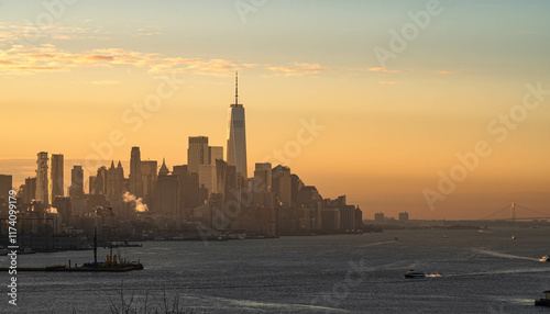 Manhattan skyscrapers skyline, stunning morning light, city scape water reflection, travel destination background image, selective focus isolated subject