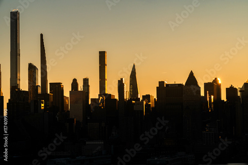 Manhattan skyscrapers skyline, stunning morning light, city scape water reflection, travel destination background image, selective focus isolated subject