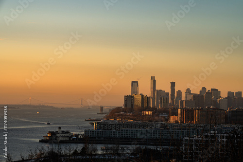 Manhattan skyscrapers skyline, stunning morning light, city scape water reflection, travel destination background image, selective focus isolated subject